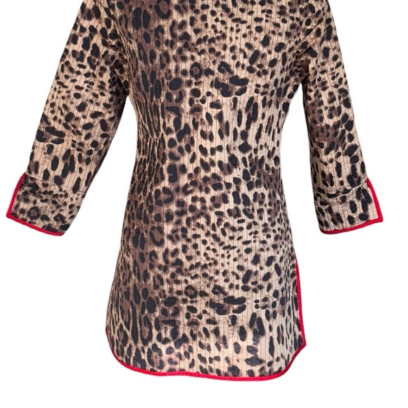 PATTY KIM Leopard Print Quilted Open Front Red Trimmed Jacket Coat - XS - Picture 7 of 9